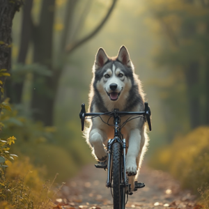 Un amigo peludo en dos ruedas - Pintura original de un Husky disfrutando de un paseo en bicicleta