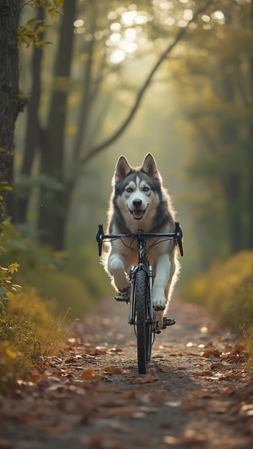 Un amigo peludo en dos ruedas - Pintura original de un Husky disfrutando de un paseo en bicicleta