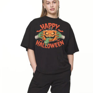 Playera Oversize Happy Halloween Calabaza – Color Negro