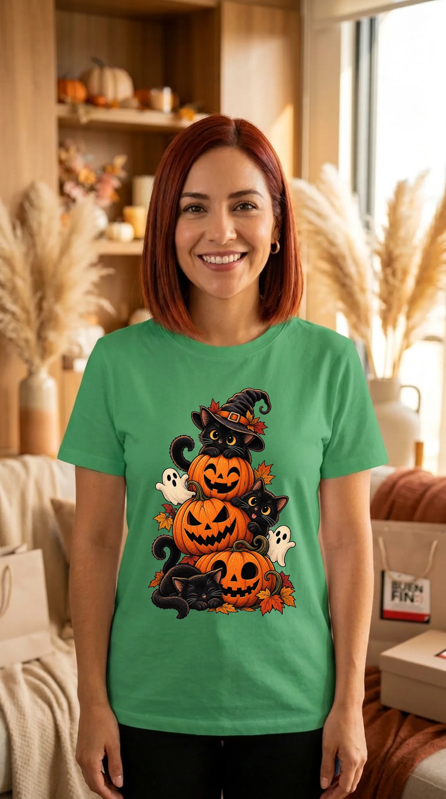 Playera Mujer Cuello Redondo Halloween Felino