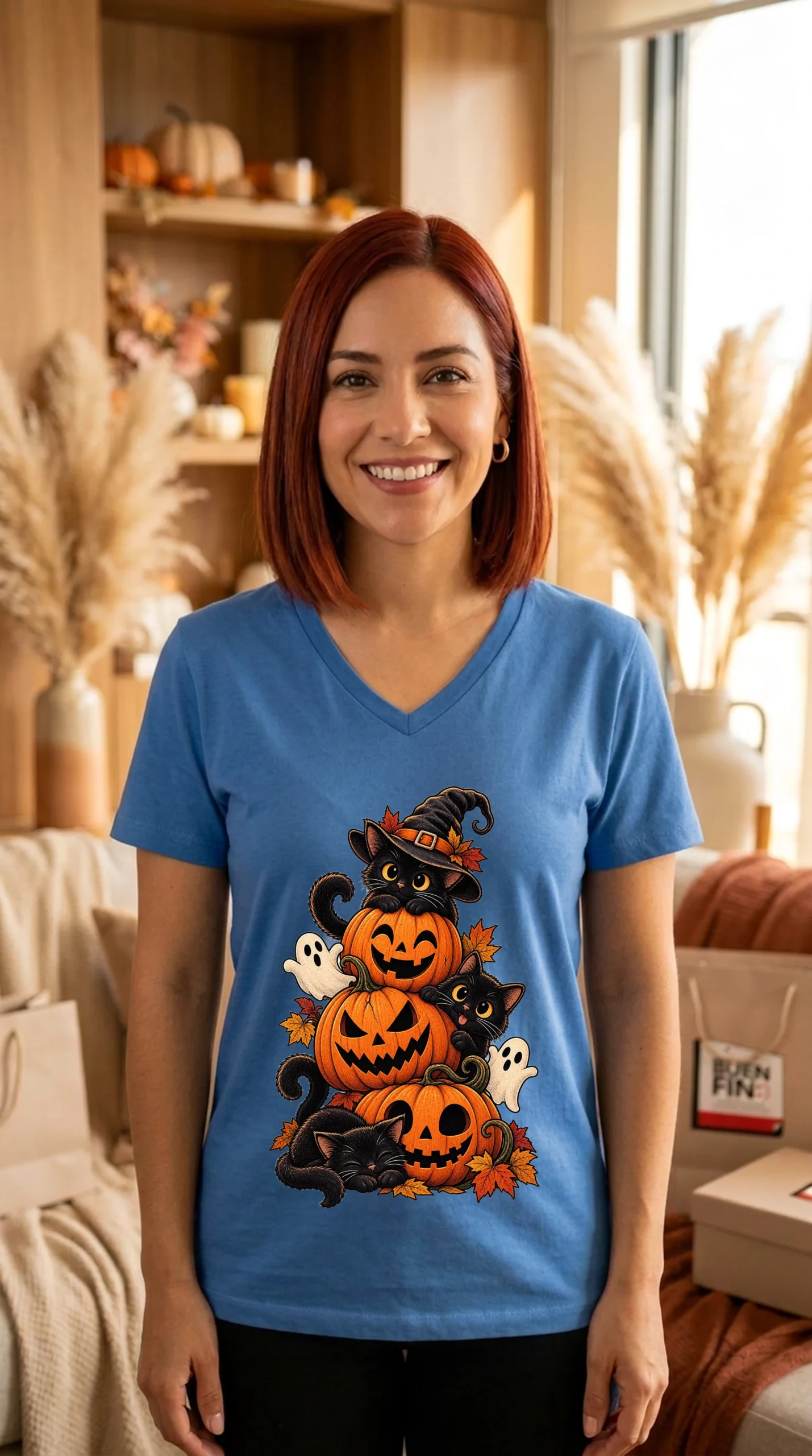 Playera Mujer Cuello V Halloween Felino - Imagen 2