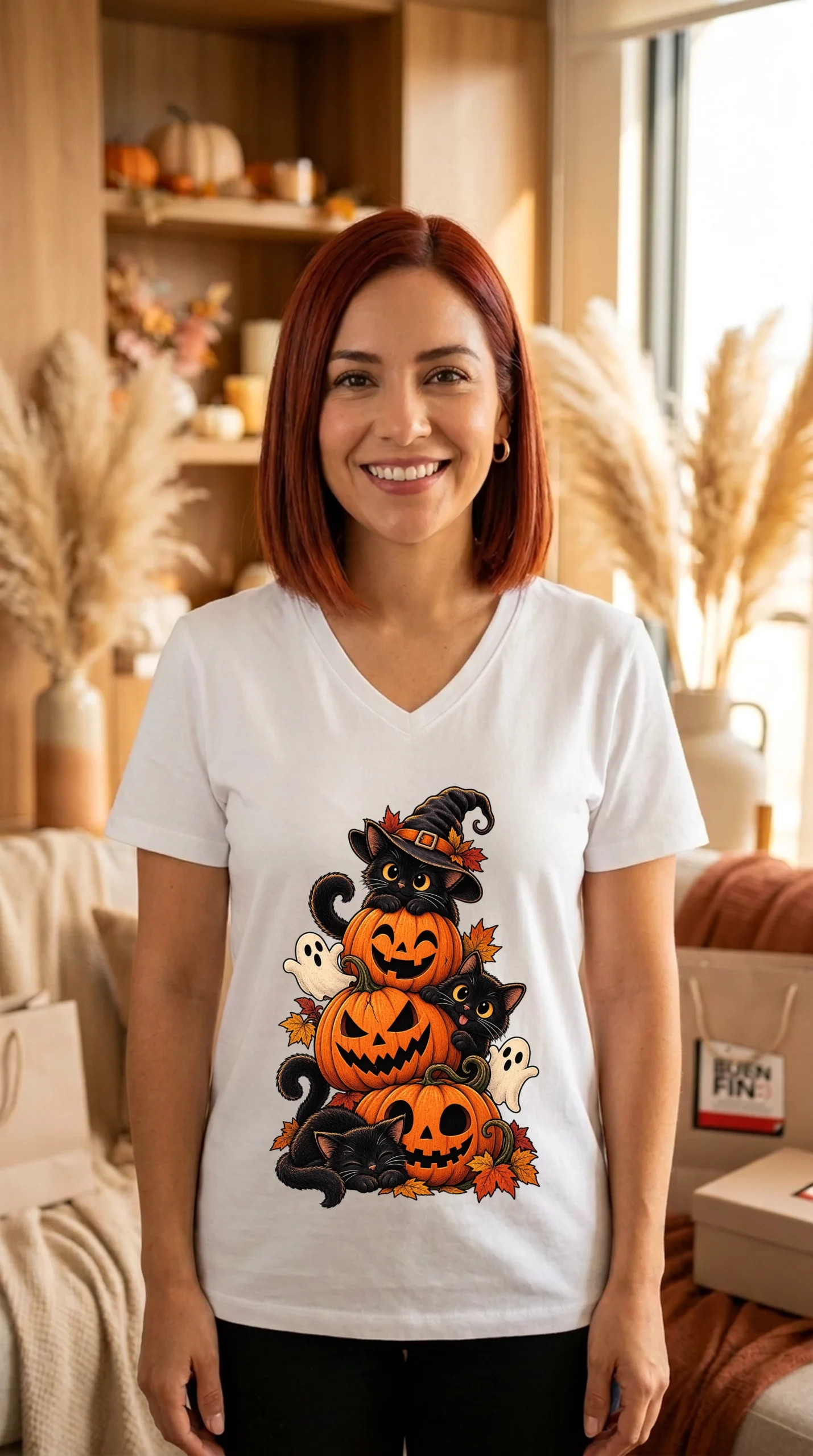Playera Mujer Cuello V Halloween Felino - Imagen 6