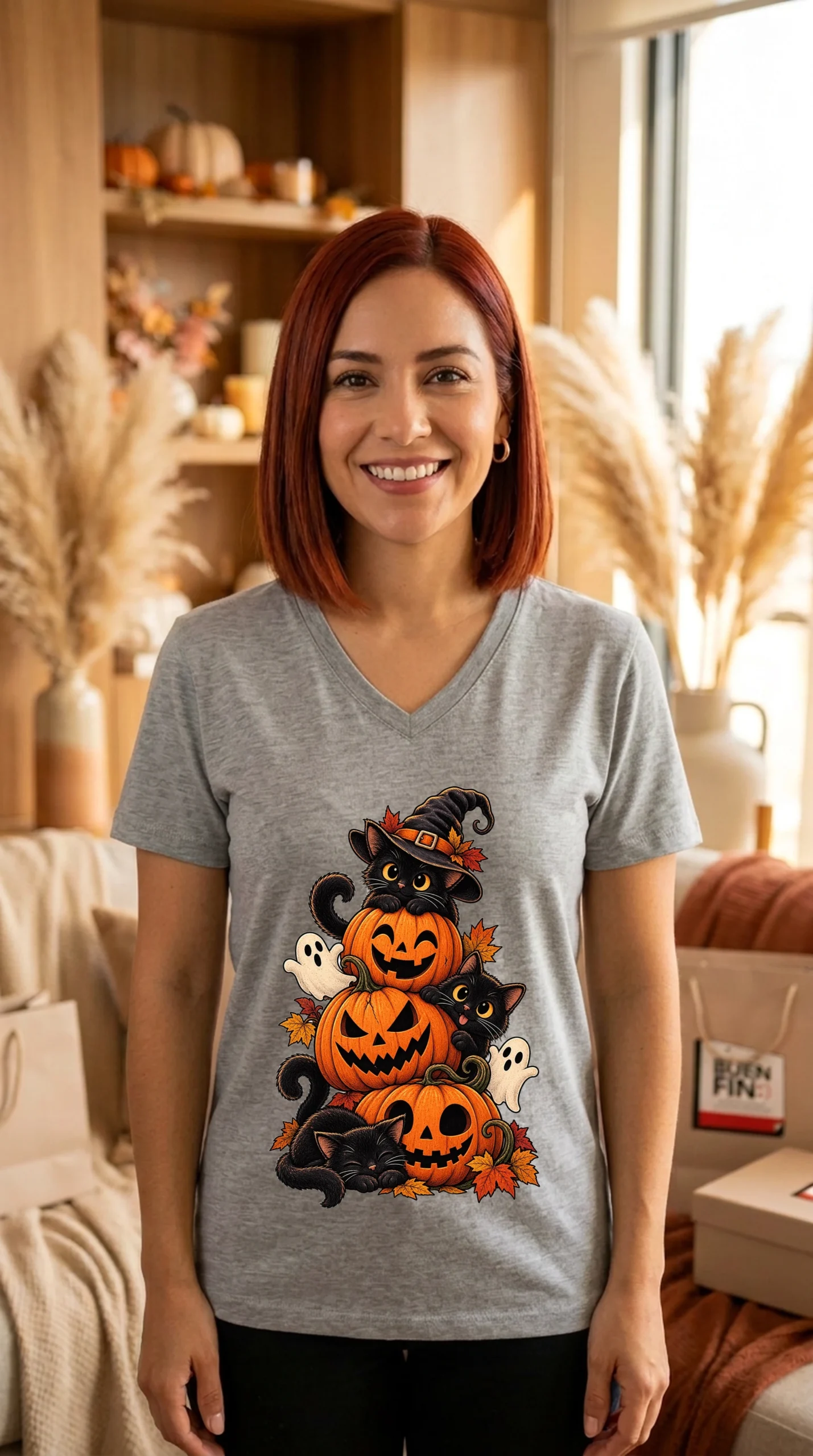 Playera Mujer Cuello V Halloween Felino - Imagen 5