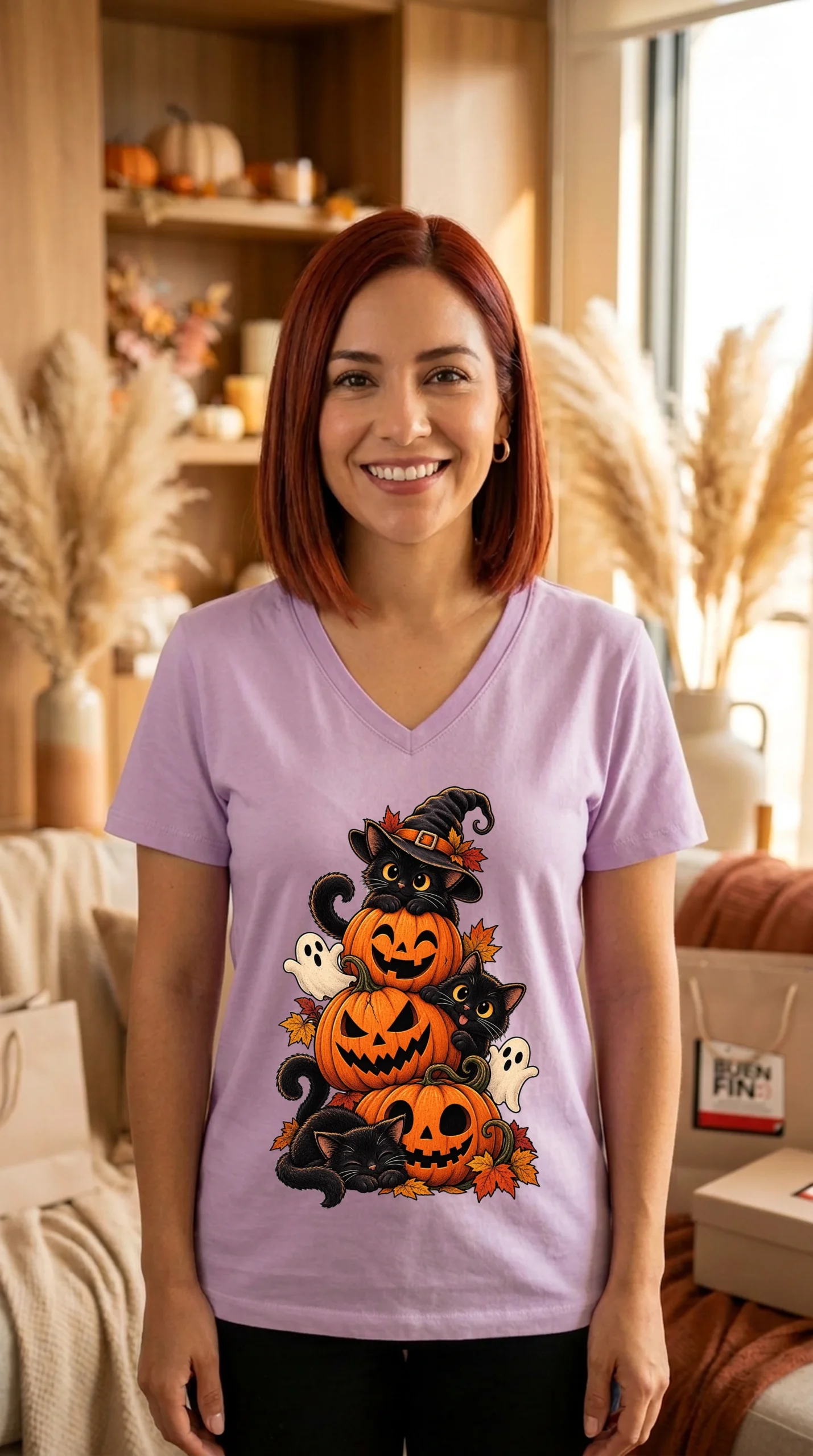 Playera Mujer Cuello V Halloween Felino - Imagen 4