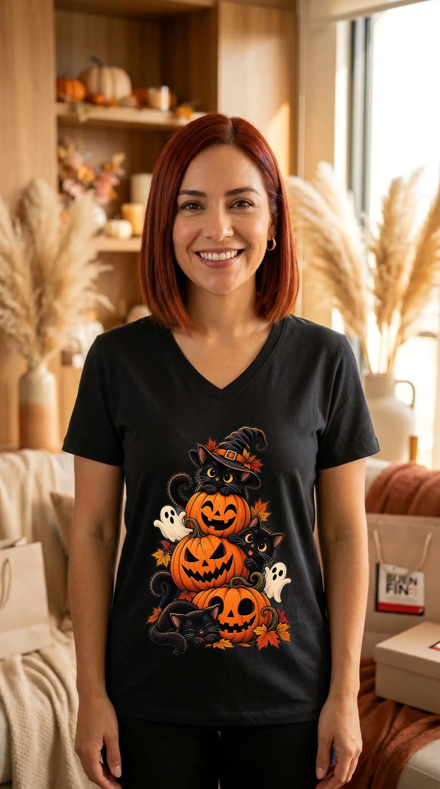 Playera Mujer Cuello V Halloween Felino - Imagen 3