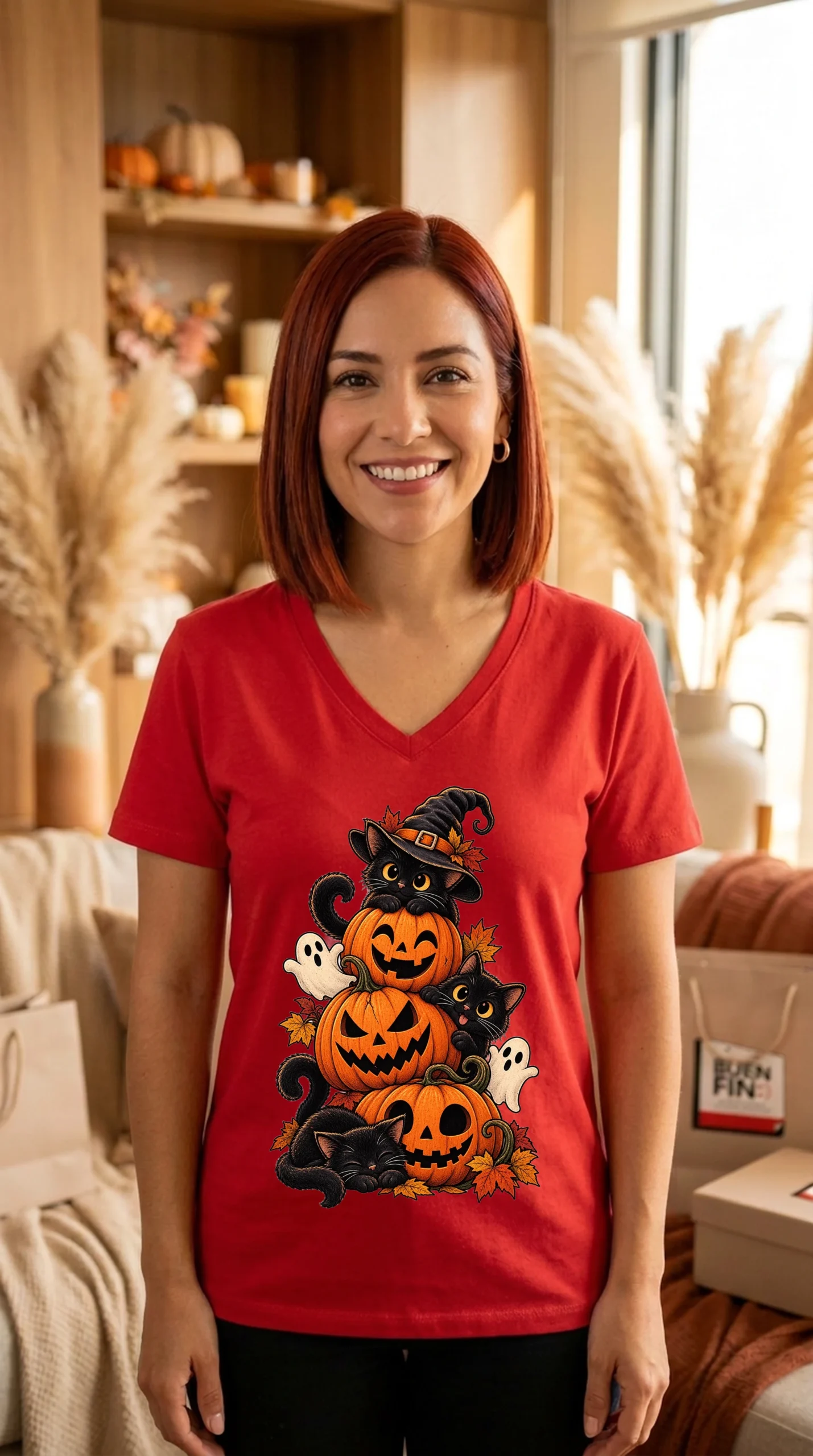 Playera Mujer Cuello V Halloween Felino - Imagen 7