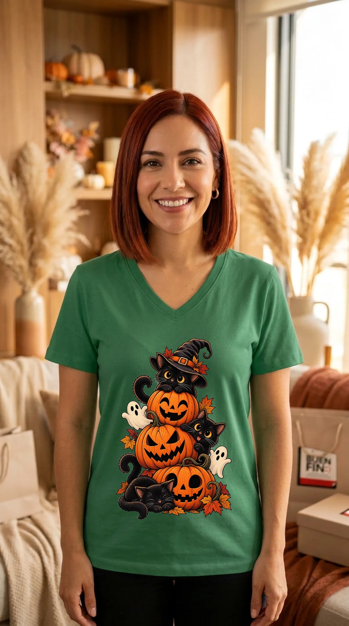 Playera Mujer Cuello V Halloween Felino
